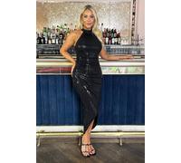Ax Paris Black Rectangular Sequin Halter Neck Draped Wrap Skirt Midi Dress Black 12
