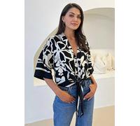 AX Paris Black & White Abstract Print Tie Waist Top Black