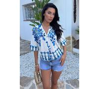 AX Paris Women's Blue Boho Floral Print Short Sleeve Boxy Shirt in White | Size: 14 AX Paris White 14