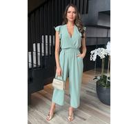 Ax Paris Duck Egg Wrap Top Flutter Sleeve Belted Jumpsuit In Grey Grey 10