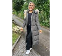AX Paris Women's Khaki Faux Fur Hooded Longline Padded Coat | Size: 8 AX Paris Khaki 8