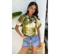 AX Paris Women's Lime Marble Print Puff Sleeve Bubble Hem Top | Size: 10