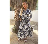 Ax Paris Navy And Cream Abstract Print 3/4 Sleeve Tie Waist Shirt Midi Dress Navy 8