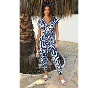 Ax Paris Navy And Cream Abstract Print V-Neck Short Sleeve Belted Elasticated Cuff Jumpsuit Navy 10