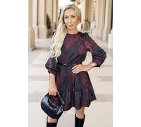 Ax Paris Plum And Black Smudge Print Frill Hem Belted Mini Dress Plum 8