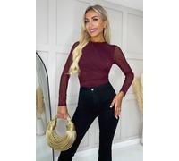 Ax Paris Plum Long Sleeve Pleat Detail Mesh Bodysuit Plum 10