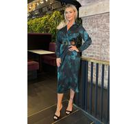 Ax Paris Teal And Black Smudge Print Belted Wrap Midi Shirt Dress Teal 14