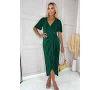 Ax Paris Teal Short Sleeve Plisse Wrap Midi Dress Teal