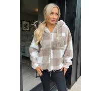 AX Paris Women's Biscuit Check Pocket Detail Hooded Teddy Jacket in Light Brown | Size: Medium/Large AX Paris Light Brown M/L