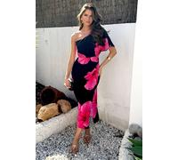 AX Paris Black And Magenta Floral Print One Sleeve Midi Dress 16 (XL) Black