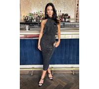 AX Paris Women's Black Metallic Sparkle Halter Neck Ruched Midi Dress | Size: 14 AX Paris Black 14