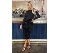AX Paris Black Velvet Sequin 2 in 1 Long Sleeve Midi Dress 10 (S) Black