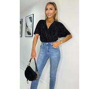 AX Paris Women's Black Wrap Top Butterfly Sleeve Plisse Bodysuit | Size: 8 AX Paris Black 8