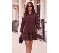 AX Paris Women's Chocolate & Black Polka Dot Button Front Frill Hem Mini Dress | Size: 8