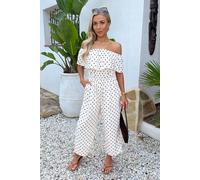 AX Paris Cream And Brown Polka Dot Bardot Frill Culotte Jumpsuit 10 (S) Cream