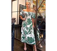 AX Paris Women's Cream & Green Printed Elasticated Waist Bardot Midi Dress | Size: 8 AX Paris Multicolor 8