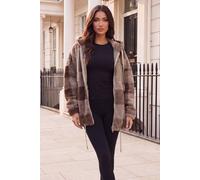 AX Paris Women's Mocha Check Pocket Detail Hooded Teddy Jacket in Light Brown | Size: S/M AX Paris Light Brown S/M