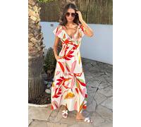AX Paris Women's Multi Leaf Print Open Tie Back Frill Top Smock Midi Dress | Size: 16