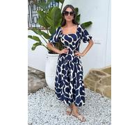 AX Paris Women's Navy & Cream Abstract Print Puff Sleeve Smock Midi Dress | Size: 14 AX Paris Navy 14