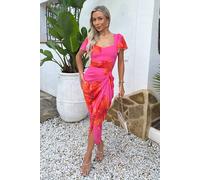 AX Paris Women's Pink & Orange Floral Print Flutter Sleeve Gathered Midi Dress | Size: 14