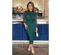 AX Paris Women's Teal High Neck Long Sleeve Ruched Bodycon Mesh Midi Dress | Size: 8 AX Paris Teal 8