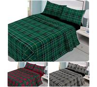 Axcent Comfort 4 Piece Green Flannelette Tartan Check King Sheets Set (Flat Sheet, Fitted Sheet & 2 Pillowcases) Easy care 100% Brushed Cotton Bedsheet Set