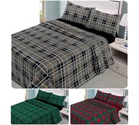 Axcent Comfort 4 Piece Grey Flannelette Tartan Check Double Sheets Set (Flat Sheet, Fitted Sheet & 2 Pillowcase) Easy care 100% Brushed Cotton Bedsheet Set