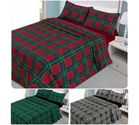 Axcent Comfort 4 Piece Red Flannelette Tartan Check Double Sheets Set (Flat Sheet, Fitted Sheet & 2 Pillowcases) Easy care 100% Brushed Cotton Bedsheet Set