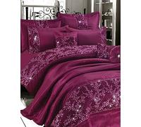 Axcent Comfort Gigi Super King Embroidered Duvet Covers Set Plum Satin Silk Soft Super King Bedding 3 Pcs Duvet Set Quilt Sparkle Diamante Panel Style Duvet Cover with 2 Pillowcases