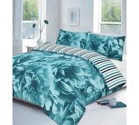 Axcent Comfort Modern Rose Floral Quilt Duvet Cover & 1 Pillowcase Set, Special Printed Reversible Stripes Polycotton Bedding Covers Sets (Teal, Single 137x200 cm)