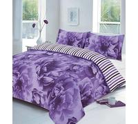 Axcent Comfort Modern Rose Floral Quilt Duvet Cover & Pillowcases Set, Special Printed Reversible Stripes Polycotton Bedding Covers Sets (Lilac, Double 200x200 cm)