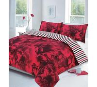 Axcent Comfort Rose Floral King Size Duvet Cover Soft Polycotton Duvet Cover Set with Pillowcases, Modern Printed Reversible Stripe Bedding Quilt Covers Sets (Red)