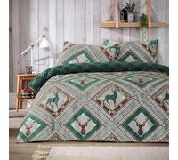 Axcent Comfort Skye Printed Stag Check Duvet Cover King Size, Animal Quilt Covers Reversible Bedding Kingsize Duvet Cover Set with 2 Pillow Cases (Green)