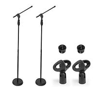 AxcessAbles MS-201RB One Hand Microphone Stand with Weighted Heavy Round Base and Quick Grip Height Adjustment - Telescoping Mic Boom Arm Included. Tall Microphone Stand for Singing 2-Pack