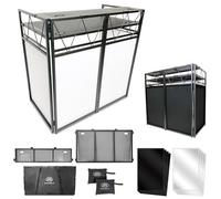 AxcessAbles ES-02XT Portable Aluminum DJ Facade Booth 43"W x 25"D w/Standing Height 35" or 39" Top Shelf 11"D for DJs, Public Speakers, Sound Engineers with Black & White Scrims and Carrying Case