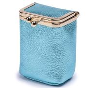Axcvveiyi Genuine Leather Lipstick Case with Mirror, Travel Mini Durable Soft Cosmetic Bag for Women,Retro Kiss Lock Toiletry Bag Suitable Daily Touch-up, Bright Blue