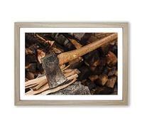 Axe and Wood Log Framed Print | A2 Oak Framed Wall Art | Ready to Hang | Modern Nature Picture | Living Room Bedroom Lounge Office