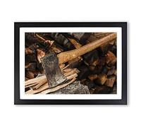 Axe and Wood Log Framed Print | A2 Oak Framed Wall Art | Ready to Hang | Modern Nature Picture | Living Room Bedroom Lounge Office