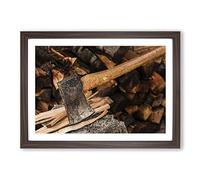 Axe and Wood Log Framed Print | A2 Walnut Framed Wall Art | Ready to Hang | Modern Nature Picture | Living Room Bedroom Lounge Office
