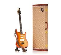 Axe Legends Mark Knopfler Mini Guitar | 25cm Replica Gift & Stand | Mark Knopfler-inspired 25cm wooden mini guitar with personalised leather strap, display stand and presentation gift box.