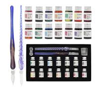 AXEARTE Glass Dip Calligraphy Pen Set, 18-Pieces 14 Color Inks, Pen Holder, Cleaning Cup, 2 Crystal Glass Pens for Art, Writing, Drawing, Signatures, Gift for Kids and Artist