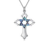 AXELUNA 925 Sterling Silver Cross Star of David Necklace, Abalone Shell Inlaid Religious Symbol Pendant, Christian & Jewish Faith Jewelry
