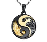 AXELUNA Yin Yang Necklace S925 Sterling Silver Black and 18K Gold Ocean Wave Necklace Yin Yang Pendant Jewelry Gifts for Women Men