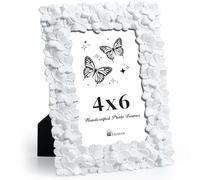 Axeman 4x6 Vintage Picture Frame, Flower Textured Hand-Crafted Resin Photo Frame with HD-Tempered Glass for Tabletop & Wall Display, Decorative Floral Design Home Décor, Art, Wedding, White