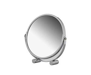 axentia Free Standing Swivel Magnifying Mirror, Portable Chromed Metal Cosmetic Vanity Mirror with up to 3x Magnification, Round Double-sided Make Up Mirror, Table Rotating Bathroom Shaving Mirror, Diameter approx. 17 cm, Silver