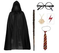 AXERHK 6 PCS Wizard Cape Costume, Potter Accessories Set with Cloak, Tie, Glasses, Wand, Tattoo Sticker and Necklace, Halloween Costume Adult for Halloween Party World Book Day