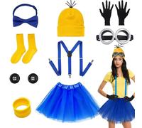 AXERHK 9PCS Yellow Halloween Costume, Yellow Costume Set for Adults with Hat Glasses Gloves Strap Buttons Bracelet Socks Tutu Skirt Bow Tie for Women Men Carnival Cosplay Party World Book Day
