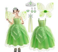 AXERHK Tinkerbell Costume Kids, World Book Day Costumes for Girls, 7 Pcs Tinker Bell Green Costume Fairy Fancy Dress, with Butterfly Wing, Fairy Wand and Crown, for Kids Fancy Dress(S)