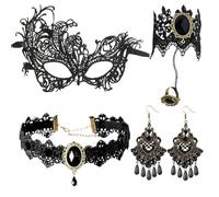 AXERHK Vampire Costume Women, Gothic Clothing Women, 4 Pieces Black Lace Mask Necklace Bracelet Pair Earrings Halloween Costume Women's Vampire Accessories, for Halloween Costume Cosplay