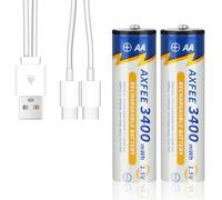 AXFEE 1.5V AA Lithium Rechargeable Batteries, High Capacity 3400mWh Rechargeable AA Battery with 2 in 1 USB Charging Cable, 1H Fast Charge, 1500 Cycles, Li-ion AA Batteries, 2 Pack with Storage Box